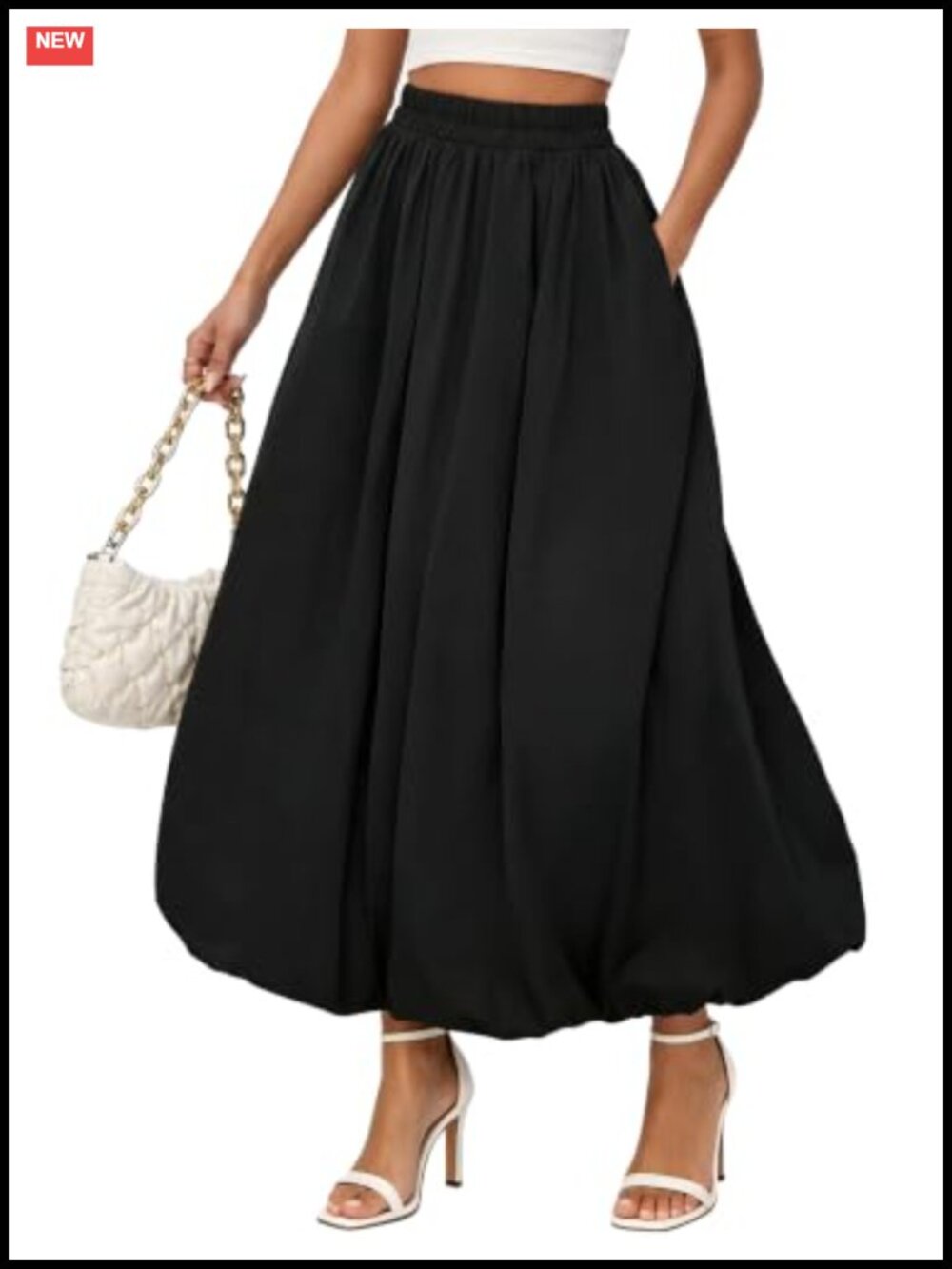 Bubble Maxi Skirt with Pockets Puffy Hem Ruffle Pleated Elastic Waist